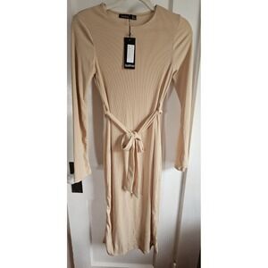 BOOHOO BASIC Maternity rib-knit‎ tie waist midi dress woman Sz 4 beige